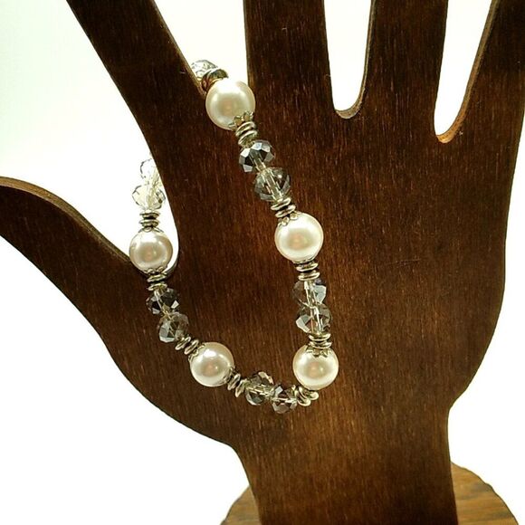 L&F Faux Pearl Crystal Beaded Stretch Bracelet with Silver-tone Spacers - Picture 7 of 8
